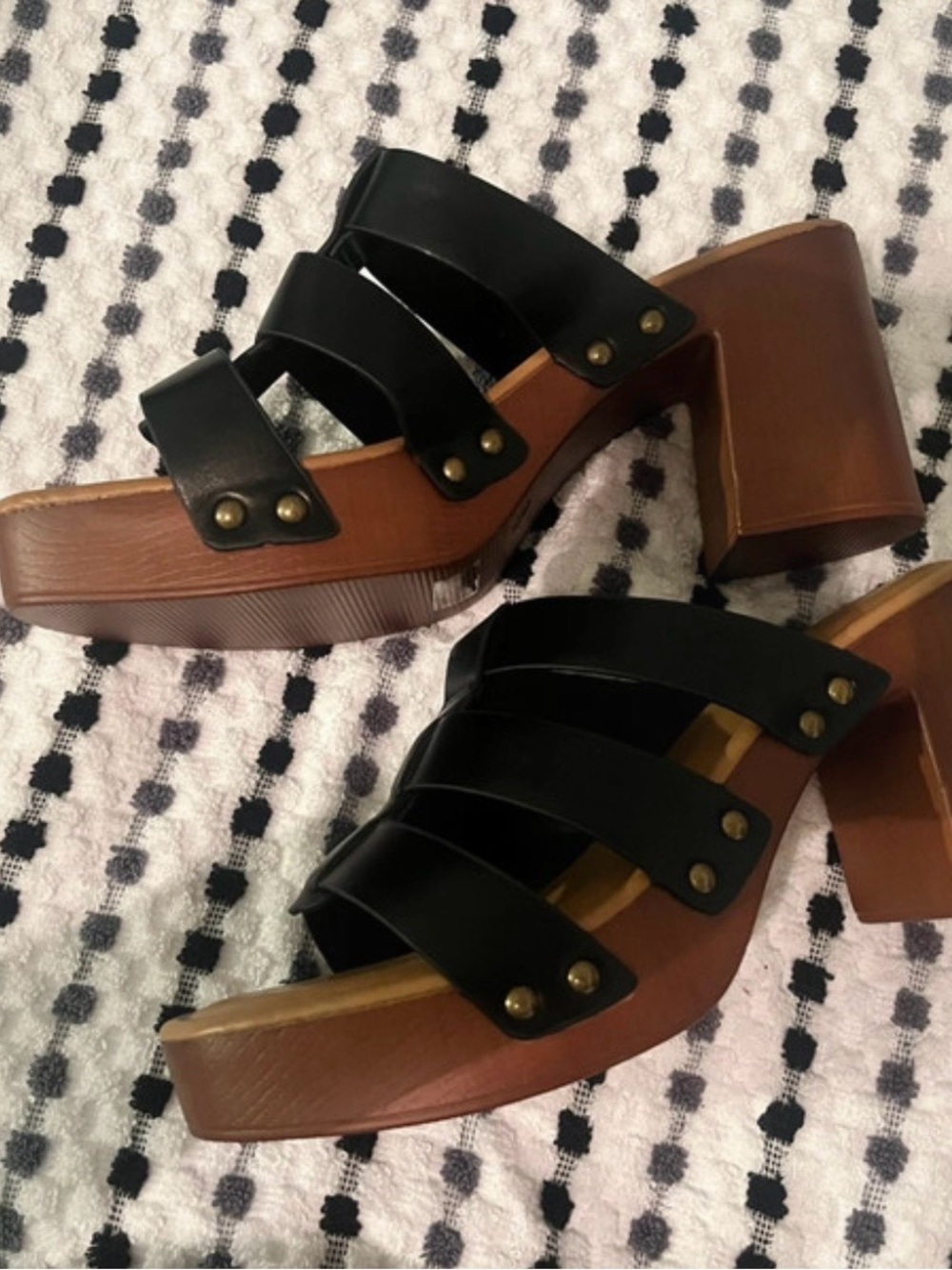 Wild Diva Black and Brown Triple-Strap Platform Mules
